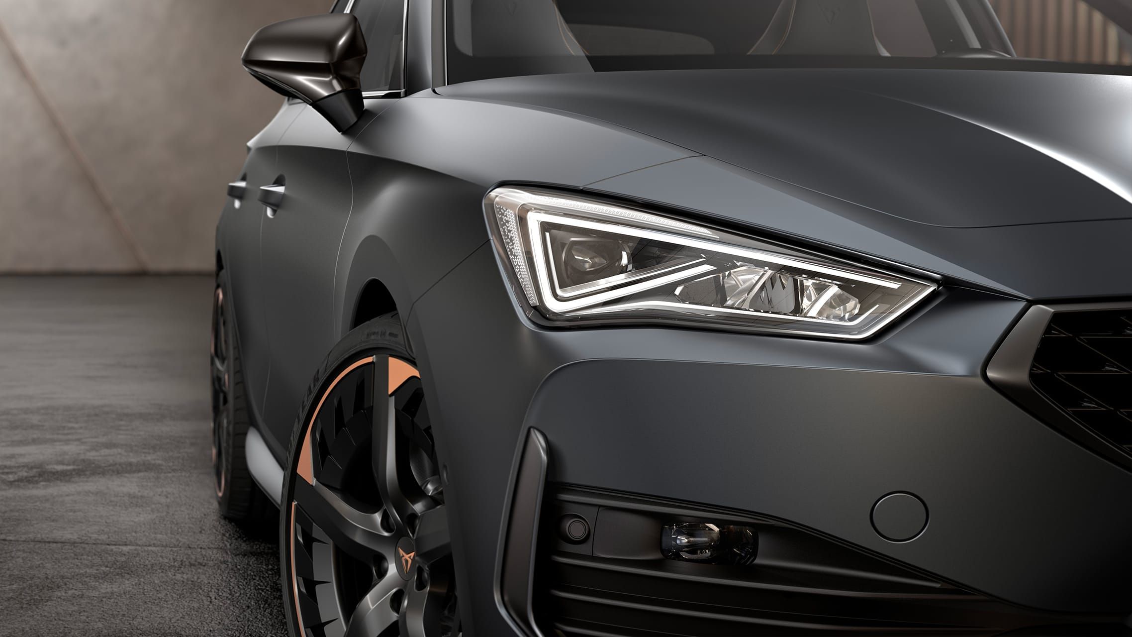 Pohled zblízka na přední LED světlo nového modelu CUPRA Leon 5D.