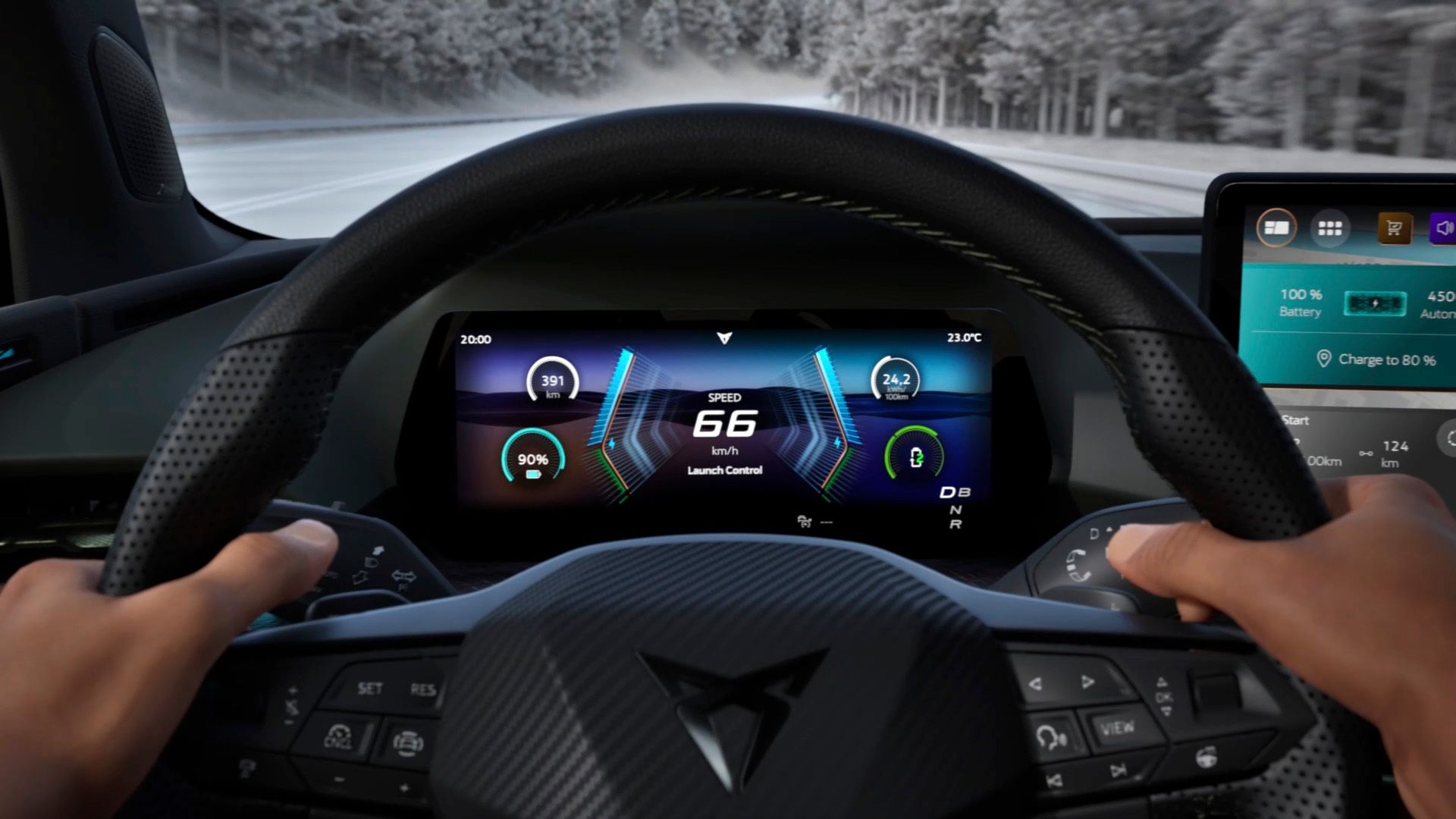 Innenraum des CUPRA Raval VZ, der die Funktionen des Light & Sound Packs zeigt.