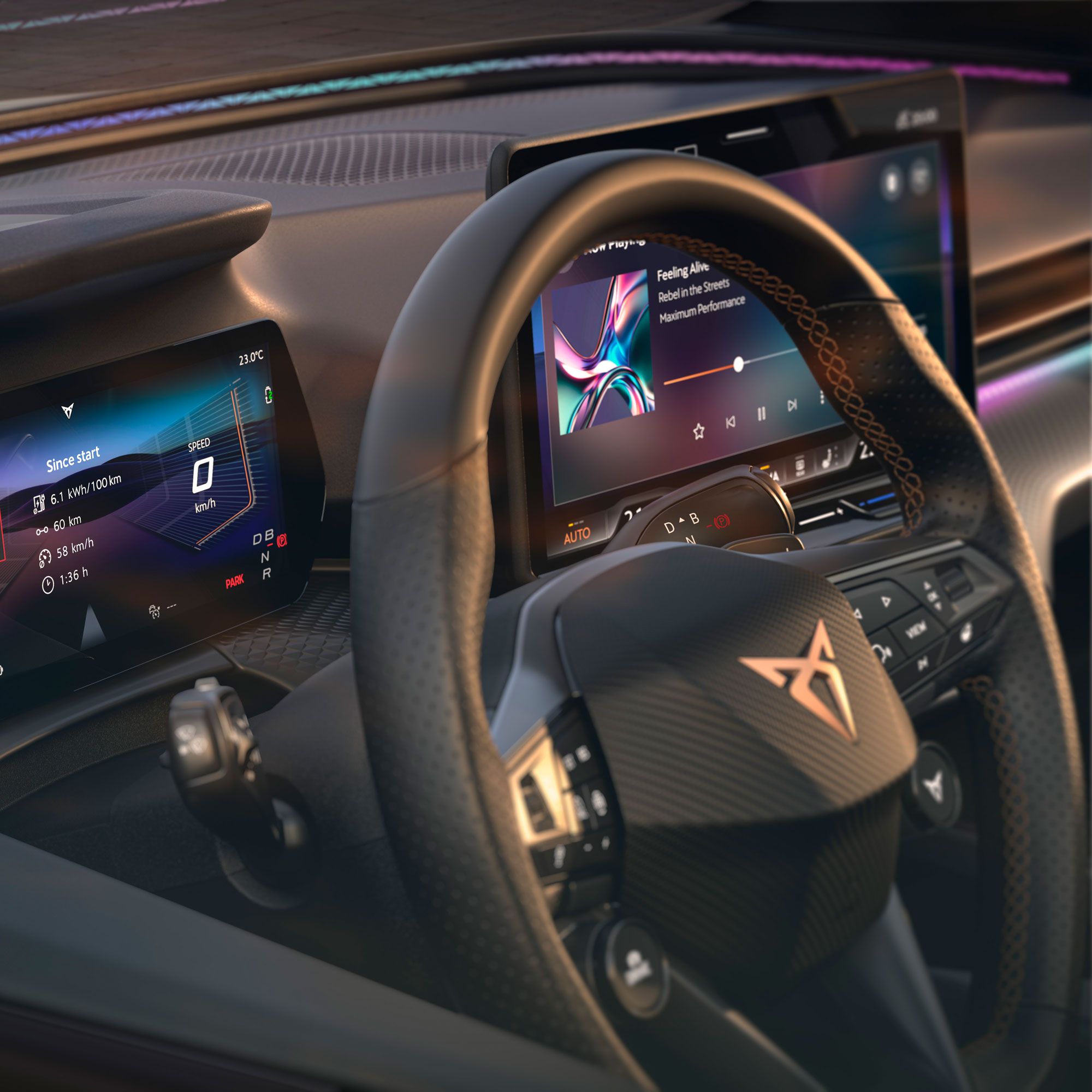 Innenansicht des CUPRA Raval VZ mit digitalem Cockpit und der Emergency Assist-Funktion.